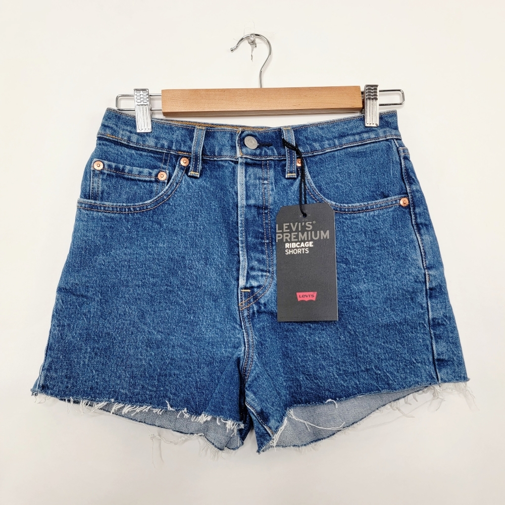 Levi's Premium Ribcage Shorts Blue Raw Hem Button Fly sz 27